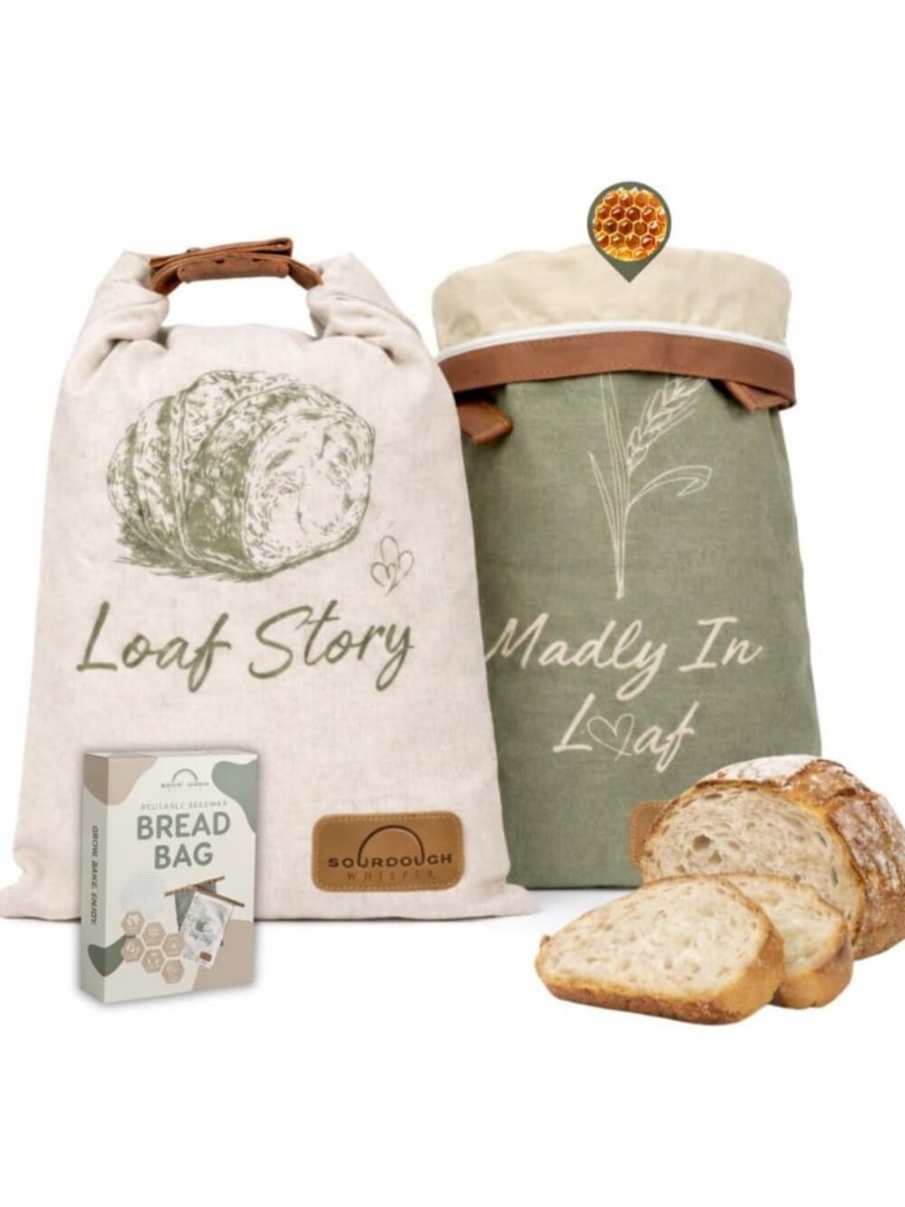 XL Reusable Beeswax Bread Bags - Airtight Storage with Zipper & Roll Top Seal, 2